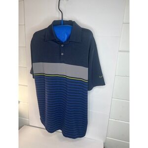 Nike Golf Dri Fit Mens Large Blue Gray Yellow Stripe Polo Shirt Tour Performance
